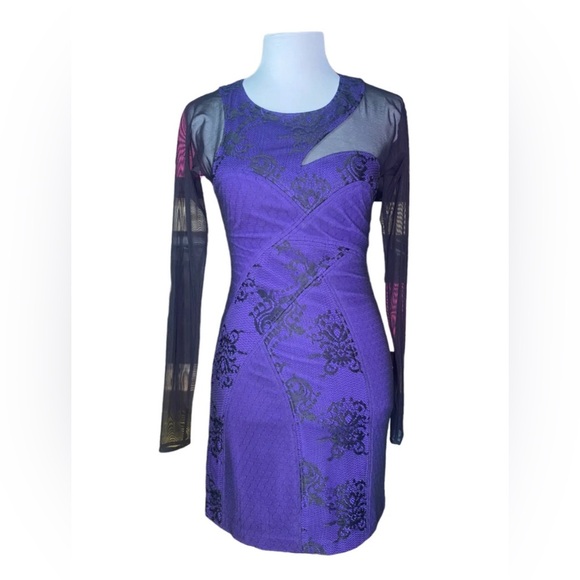 BCBGMAXAZRIA -Purple Black Lace Mesh Long Sleeve Bodycon Dress Size 10 - Picture 1 of 7